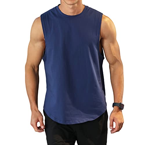 Herren Workout Bodybuilding Tanktops Athletisches Training Gym Shirts Weste Baumwolle abgeschnittenes ärmelloses Muskel-T-Shirt 03 Navy blau XL von Rane Sports