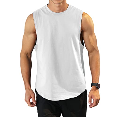 Herren Workout Bodybuilding Tanktops Athletisches Training Gym Shirts Weste Baumwolle abgeschnittenes ärmelloses Muskel-T-Shirt 03 Weiß 2XL von Rane Sports