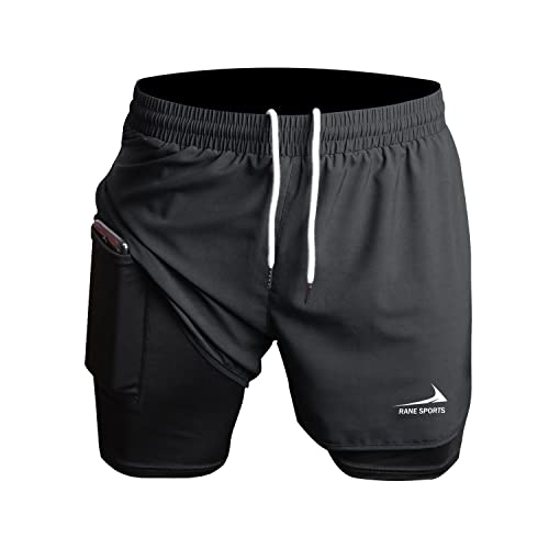 Laufshorts für Herren, 2 in 1, Sport-Shorts, Trainingsshorts für Marathon im Freien, Schwarz / mit Schnalle Handtuchhalter, XXL von Rane Sports