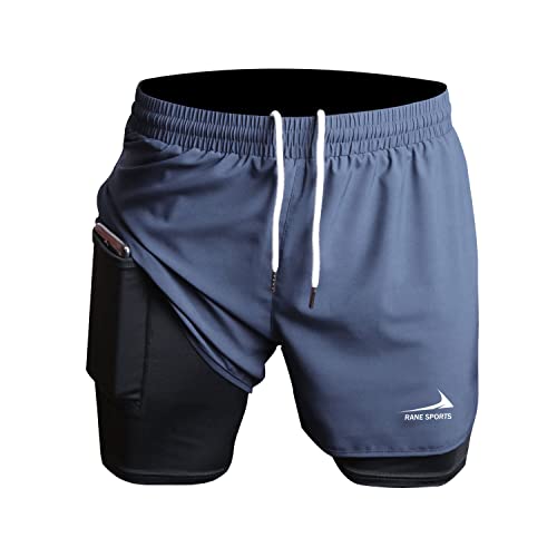 Laufshorts für Herren, 2 in 1 Shorts, Sporthose für Fitnessstudio, Trainingsshorts für Marathon im Freien, Grau / mit Schlaufe für Handtuch, M von Rane Sports