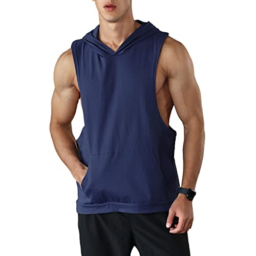 Rane Sports Herren Workout Ärmellose Tank Tops mit Kapuze Athletisches Sport Fitness Hoodie Muskelshirt für Gym Training Navy blau 2XL von Rane Sports