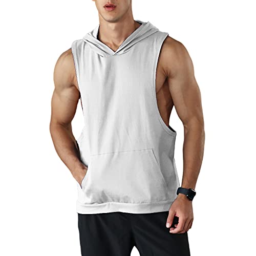 Rane Sports Herren Workout Ärmellose Tank Tops mit Kapuze Athletisches Sport Fitness Hoodie Muskelshirt für Gym Training Weiß XL von Rane Sports