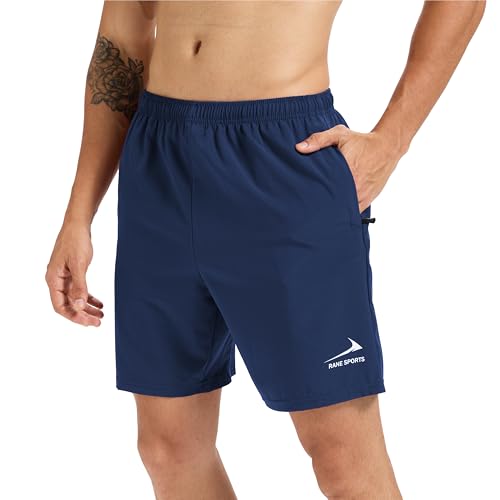Herren-Workout-Shorts 7 Zoll für Fitnessstudio Training athletisch kurz schnell trocknend Outdoor-Laufshorts mit Reißverschlusstaschen Dunkelblau L von Rane Sports