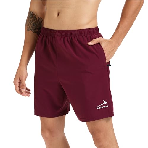 Herren-Workout-Shorts 7 Zoll für Fitnessstudio Training athletisch kurz schnell trocknend Outdoor-Laufshorts mit Reißverschlusstaschen Rotwein L von Rane Sports