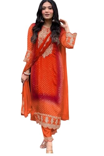 RANGMAHAL Kurta Hose Set für Damen - Stickarbeit Indische Tunika Kurta Kleid - Chinon Seide Straight Kurti Palazzo Set, Orange/Abendrot im Zickzackmuster (Sunset Chevron), X-Large von RangMahal Store
