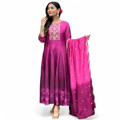 RANGMAHAL STORE Damen Musselin Seide Kurta Hose Dupatta Set - schwere Stickerei Arbeit Ethno Outfit Weicher Musselin Stoff, Pink, Large von RangMahal Store