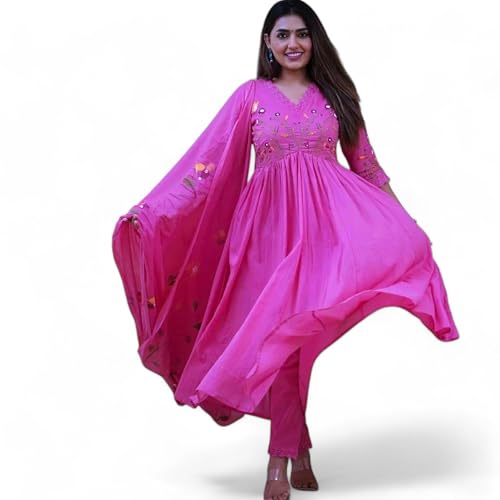 RangMahal Damen Kurta-Hose mit indischer Stickerei und Sequenz, schwere Arbeit, mit Pinseldruck, Dupatta-Set, dunkelrosa, Medium RangMahal Damen Kurta-Hose mit indischer Stickerei und Sequenz, schwere Arbeit, mit Pinseldruck, Dupatta-Set, dunkelrosa, Medium von RangMahal Store