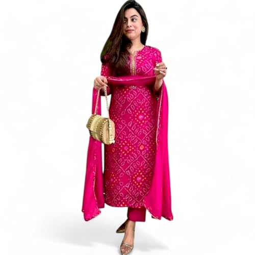 RangMahal Damen Rayon bestickte Sequenz Kurta Hose mit Dupatta-Set, Pink, Large von RangMahal Store