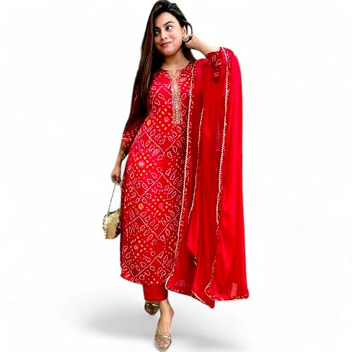 RangMahal Damen Rayon bestickte Sequenz Kurta Hose mit Dupatta-Set, Rot/Ausflug, einfarbig (Getaway Solids), Large von RangMahal Store