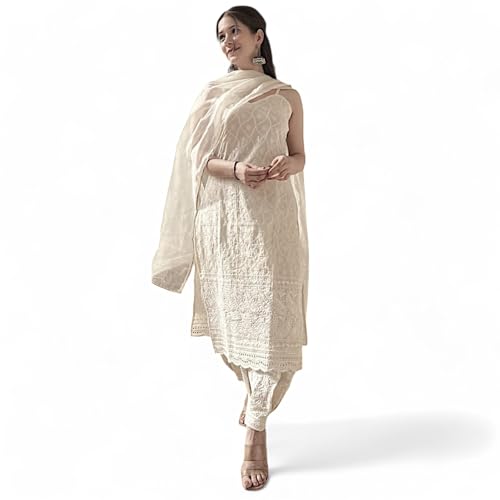 RangMahal Damen Reine Baumwolle Indisch Handgefertigt Lucknowi Chikankari Kurti mit Dupatta Set Traditionelle Kleidung (Weiß), Weiss/opulenter Garten, Large von RangMahal Store