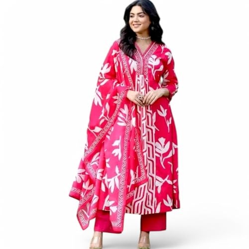 RangMahal Damen Sanganeri Baumwolle Print Anarkali Kurta mit Hose & Dupatta Set, Rot/Ausflug, einfarbig (Getaway Solids), X-Large von RangMahal Store