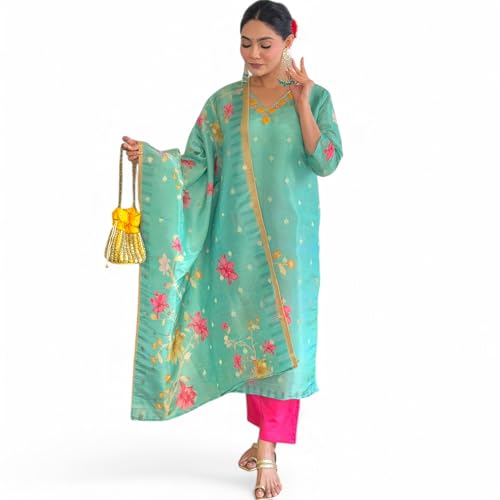 RangMahal Indian Damen Simmer Jacquard Work Kurti mit Hose und Simmer Dupatta Set, Türkis/Ausflug, einfarbig (Getaway Solids), Large von RangMahal Store