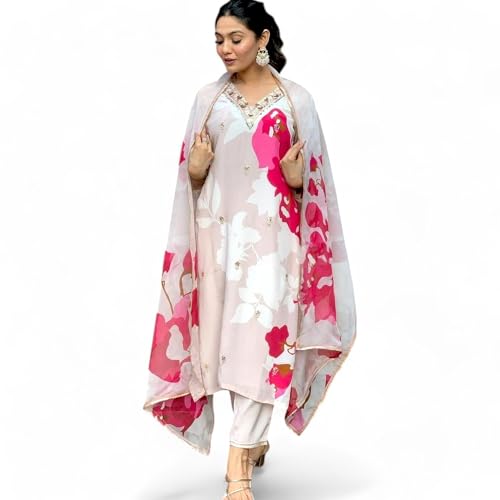 RangMahal Indische Damen schöne Sequenz Stickerei Musselin Seide Kurta Hose und Dupatta Set, Rot/Ausflug, einfarbig (Getaway Solids), Medium von RangMahal Store