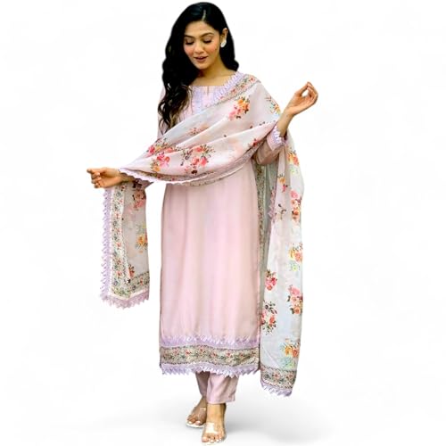 RangMahal Indische Damen schöne Spitze Stickerei Musselin Seide Kurta Hose und Dupatta Set, Pfirsich, Medium von RangMahal Store