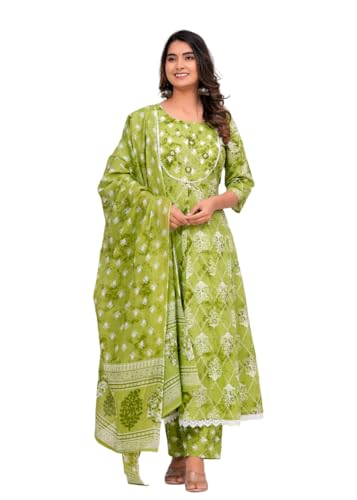 Rangnavi Women's Floral Print Cotton Anarkali Embroidered Kurta With Palazzo And Dupatta, Xl von Rangnavi