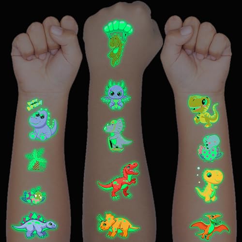Tattoo Kinder, 10 Blätter Leuchtendes Dinosaurier Temporäre Tattoos Aufkleber für Mädchen Jungen, Leuchten im Dunkeln Wasserdichte Kindertattoos, Geburtstagsgeschenke Kindergeburtstag Mitgebsel von Ranlufly