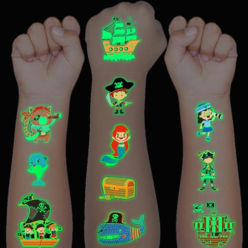 Tattoo Kinder, 10 Blätter Leuchtendes Piratenkapitän Temporäre Tattoos Aufkleber für Mädchen Jungen, Leuchten im Dunkeln Wasserdichte Kindertattoos, Geburtstagsgeschenke Kindergeburtstag Mitgebsel von Ranlufly