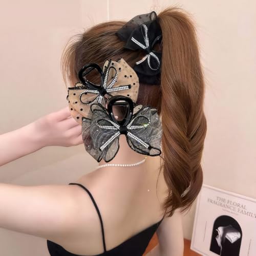 Rannyrena Große Schleifen, Netz-Haarspangen für Damen, Perlen-Blume, Blasen-Haarspangen für dickes, dünnes Haar, Chiffon, Seide, Schleife, Krallen-Clips, Haarschmuck (Kristallschleifen-Set) von Rannyrena