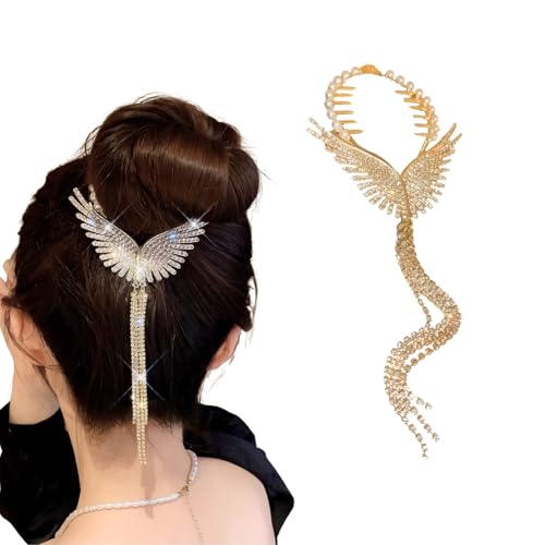 Rannyrena Perlen Quaste Strass Pferdeschwanz Klaue Clip für Frauen Kristall Schleife Pferdeschwanz Bauckle Brötchen Haarhalter Funkelnde Metall Haarknoten Zubehör (Gold Winkel Flügel) von Rannyrena