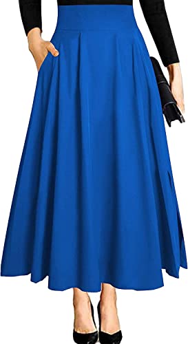 Blauer Rock Damen Trachtenrock High Waist Midi a Linie Lang Weiter Elegant Trachten Festlicher Maxirock mit Schlitz Taschen Faltenrock Plisseerock Sommerrock Leicht Strandrock S von Ranphee
