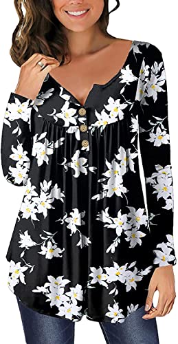 Bluse Langarm Blusen & Tuniken für Damen Knöpfe Blusentops Blumen Tunika Damen Tops Schwarze Lilie L von Ranphee