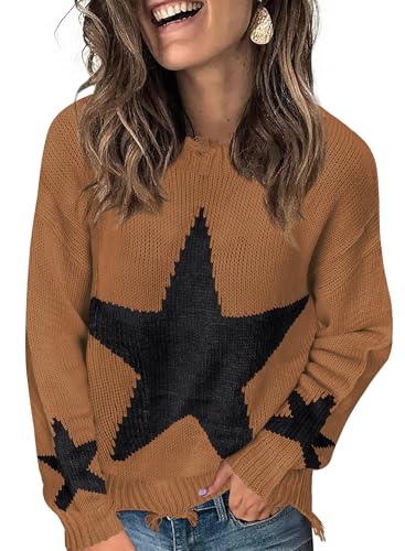 Braun Pullover Damen Warmer Süß Stern Strickpullover 2025 Herbst Leichte Rundhals Zerrissen Sweater Lässig Mode Langarm Damenpullover Braun Pullover Damen Warmer Süß Stern Strickpullover 2025 Herbst Leichte Rundhals Zerrissen Sweater Lässig Mode Langarm Damenpullover von Ranphee