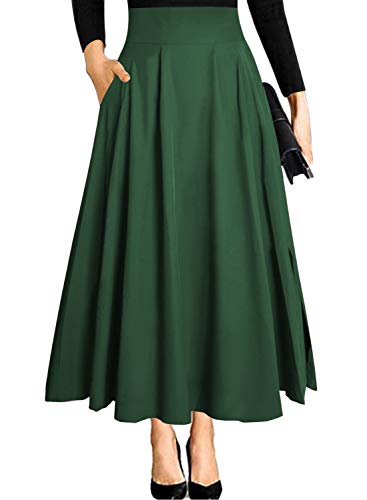 Dunkelgrün Langer Rock Damen Sommer Outfit Lang mit Schlitz a Linien Maxi Midi Festlich Maxirock Taschen Eleganter Hohe Taille Faltenrock Plisseerock Sommerrock Leicht Strandrock Chiffon L von Ranphee