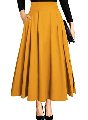 Gelber Maxirock Rock Festival Outfit Damen mit Schlitz Taschenmidi Hohem Bund Lange Midi Plissee a Linien Strand Faltenrock Plisseerock Sommerrock Leicht Strandrock Hochzeit XL von Ranphee