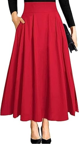 Damen High Waist Maxirock Taschen mit Seitenschlitz Langer A-Linie Rock Rot XL von Ranphee