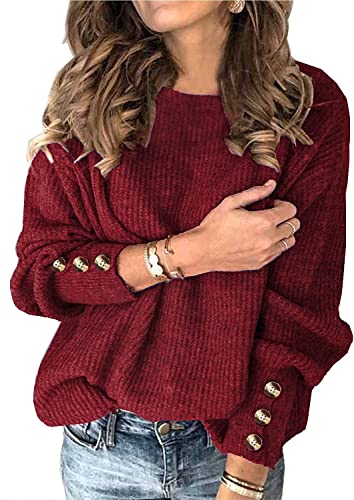 Damendunkelrot Pullover Winter Herbst Langarm Rundhals Strickpullover Ausgefallener Basic Knit Fledermaus Warmer Pulli L von Ranphee