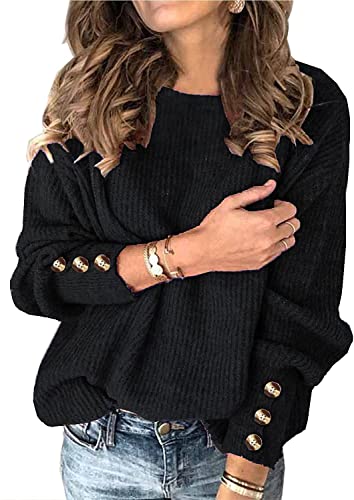 Damenschwarzer Pullover Winter Herbst Langarm Rundhals Strickpullover Ausgefallener Basic Knit Fledermaus Warmer Pulli L von Ranphee