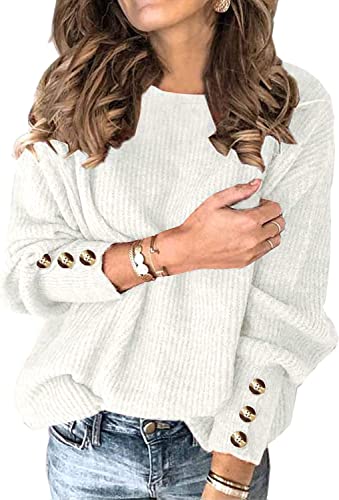 Herbst Winter Damen Pullover Weißer Langarm Strick Rundhals Moderne Fledermausärmel Women's Vintage Knitted Chucky Warm Sweaters M von Ranphee