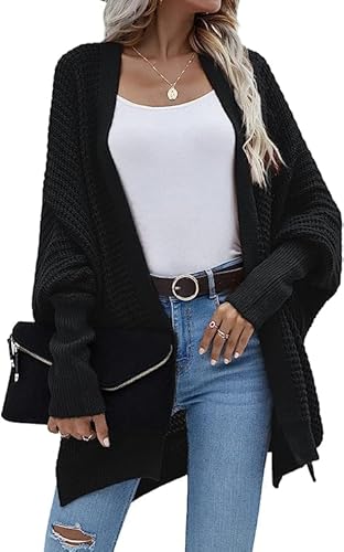 Damen Pullover Gestrickt Herbst und Winter Batwing Strickjacke Oberteile Langarm in Knöpfe Pullover Cardigan Wrap Slouchy Chic Trend Decontracting Mode Pullover Jacke Schwarz L von Ranphee