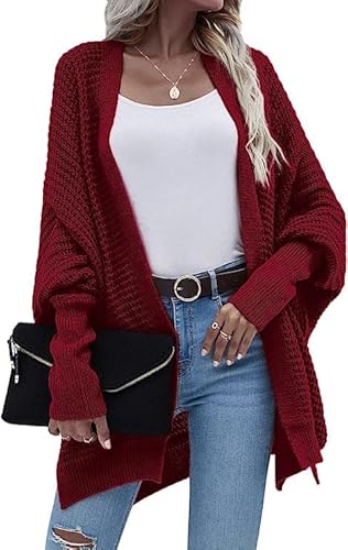 Damen Pullover Gestrickt Herbst und Winter Batwing Strickjacke Oberteile Langarm in Knöpfe Pullover Cardigan Wrap Slouchy Chic Trend Decontracting Mode Pullover Jacke Weinrot L von Ranphee