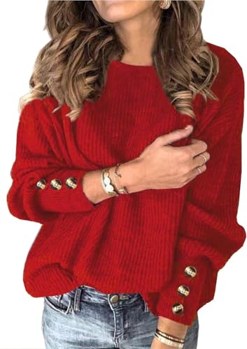 Pullover Rot Damen Valentinstag Elegant Bekleidung 2025 Winter Langarm Strickpulli Rundhals Kuschel Warmer Dicke Strickpullover von Ranphee