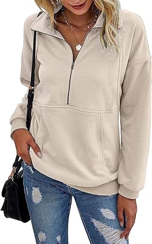 Sweatshirt Damen ohne Kepuze Beige Warm Baumwolle Sweatpullover Langarm Moderne Sweat Frauen Pullover mit Reißverschluss Oberteil M von Ranphee