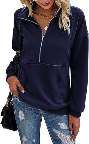 Sweatshirt Damen ohne Kepuze Marineblau Warm Baumwolle Sweatpullover Langarm Moderne Sweat Frauen Pullover mit Reißverschluss Oberteil L von Ranphee