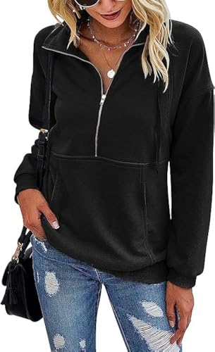 Ranphee Damen Pullover Schwarz Elegant Winter Half Zip Troyer Sweatpullover Vintage Longsleeve Warme Teenager Dicker Sport Ausgefallene Sweatshirt von Ranphee