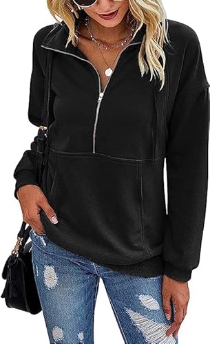 Sweatshirt Damen ohne Kepuze Schwarz Warm Baumwolle Sweatpullover Langarm Moderne Sweat Frauen Pullover mit Reißverschluss Oberteil S von Ranphee