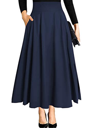 Dunkelblau Rock Damen Trachtenrock High Waist Midi a Linie Lang Weiter Elegant Trachten Festlicher Maxirock mit Schlitz Taschen Faltenrock Plisseerock Sommerrock Leicht Strandrock S von Ranphee