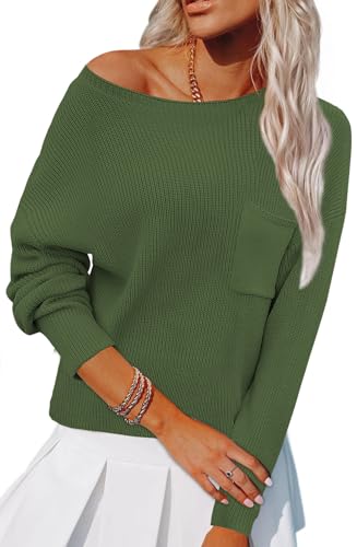 Grün Pulli Damen Herbst Moderne Winterpullover Warm Dicke Damenpullover Langarm Vintage Basic Women's Off Shoulder Knit Sweater with Pocket von Ranphee
