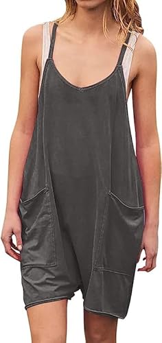 Jumpsuit Damen Sommer Kurz Träger Lässiger Ärmellos Latzhose Einteiler Rompers Elegant V-Ausschnitt Rückenfrei Hosenanzug mit Spagettiträger mit Tasche Overall Dunkelgrau M von Ranphee