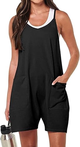 Jumpsuit Damen Sommer Kurz Träger Lässiger Ärmellos Latzhose Einteiler Rompers Elegant V-Ausschnitt Rückenfrei Hosenanzug mit Spagettiträger mit Tasche Overall Schwarz XL von Ranphee