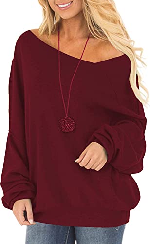 Sweatshirt Damen ohne Kapuze Warm Bordeaux Sweat Frauen Pullover Sweatpullover Baumwolle Langarm Oversized Schulterfreie Fledermausärmel Oberteile M von Ranphee