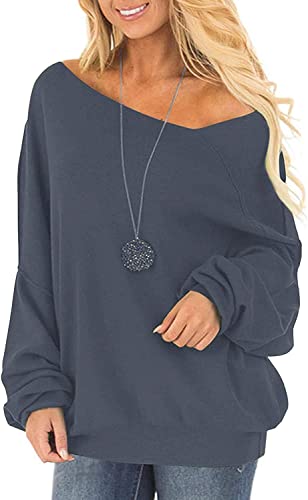 Grau Oberteile Damen Herbst Elegant Oversize Langarm Schulterfreie Fledermausärmel Sweatshirt Moderne Baumwoll Off Shoulder Pulli Pullover Frauen von Ranphee