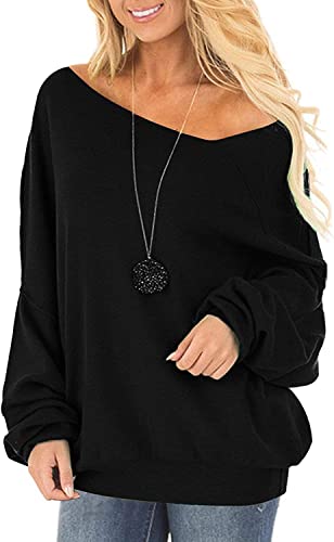 Oversize Pullover Damen Herbst Schwarz Elegante Baumwolle Langarm Sweatshirt ohne Kapuze Damenpullover Cut Out Schulterfreie Fledermausärmel Oberteile von Ranphee