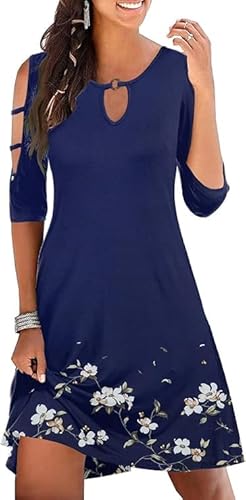 Marine Floral Womens Sommer Kurzarm Kalte Plain Schulter Swing lässig T-Shirt Kleid Floral Beach Cover Up Kleider mit Taschen XL von Ranphee