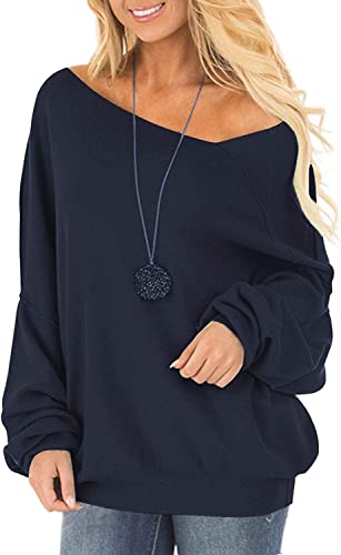 Oberteile Damen Herbst Elegant Oversize Langarm Schulterfreie Fledermausärmel Sweatshirt Moderne Baumwoll Off Shoulder Pulli Pullover Frauen von Ranphee