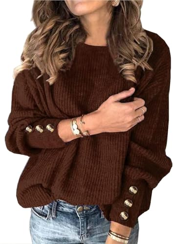 Pullover Damen Herbst Braun Elegant Outfit 2024 Strick Kuschelpullover Rundhals Fledermaus Langarm Leichter Dünne Frauen Pulli von Ranphee