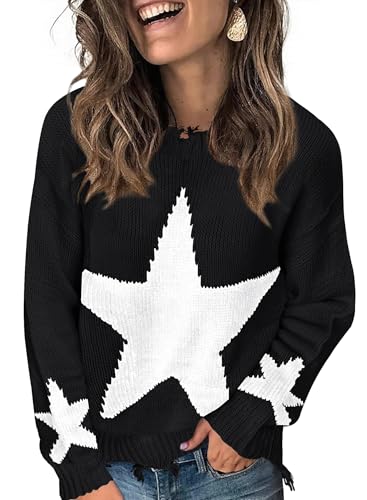 Pullover Damen Herbst Süß Stern Grobstrickpullover Schwarz Warmer Leichte Zerrissen Sweatshirts Elegant Rundhals Langarm Jumpers von Ranphee